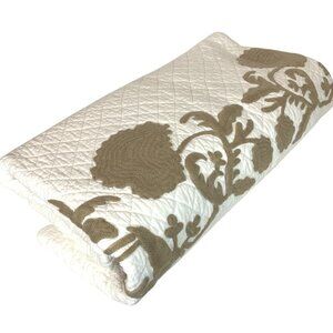 Soft Surroundings Twin Quilt Beige Floral Embroidery Scalloped Edge 100% Cotton